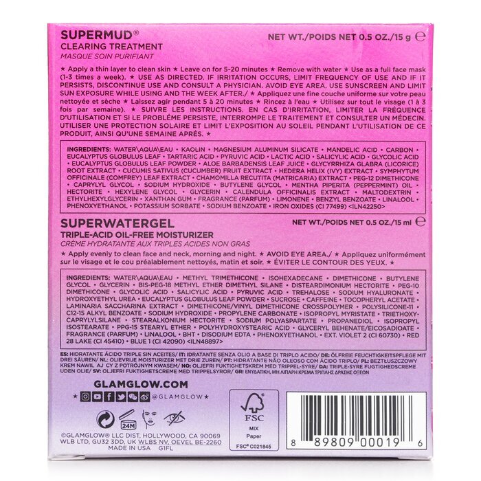 Glamglow Pore-Clearing & Minimizing Set: Supermud Clearing Treatment 15g + Superwatergel Moisturizer 15ml 2pcs