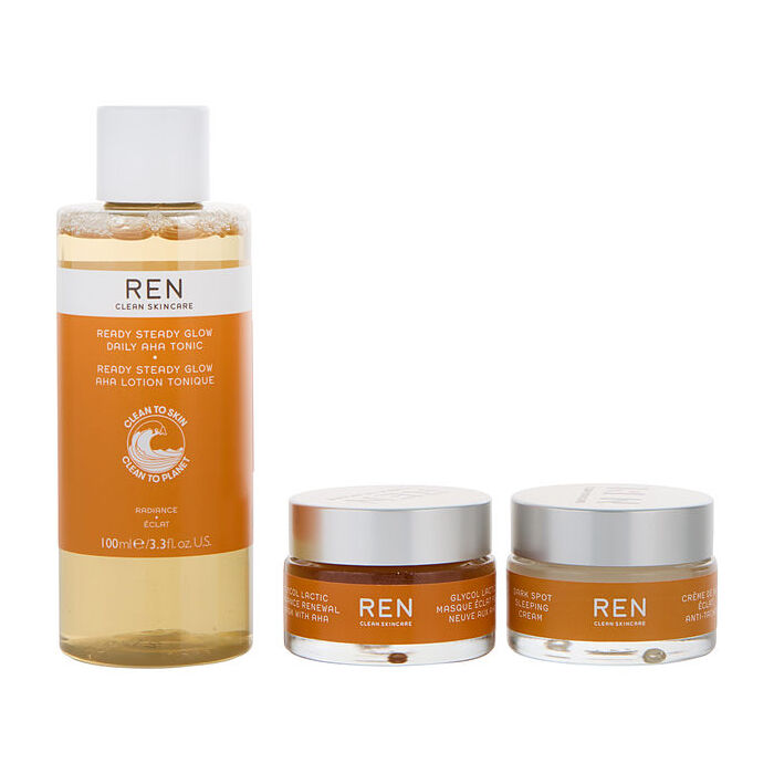 Ren Gentle Glow Heroes Trio: Ready Steady Glow Aha Tonic 100ml/3.4oz & Glycol Lactic Radiance Renewal Mask 15ml/0.5oz & Overnight Glow Dark Spot Cream 15ml/0.5oz 3pcs