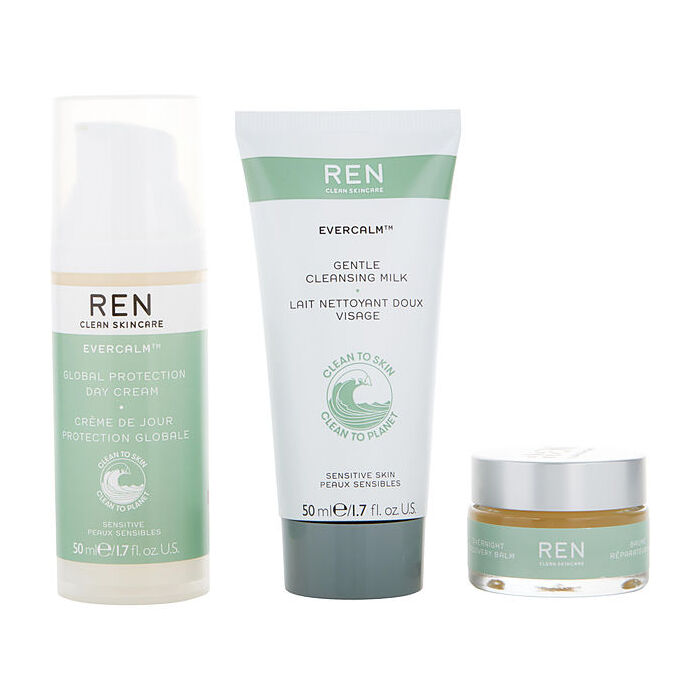 Ren Evercalm Sensitive Skin Heroes Trio: Gentle Cleansing Milk 50ml/1.7oz & Global Protection Day Cream 50ml/1.7oz & Overnight Recovery Balm 15ml/0.5oz 3pcs