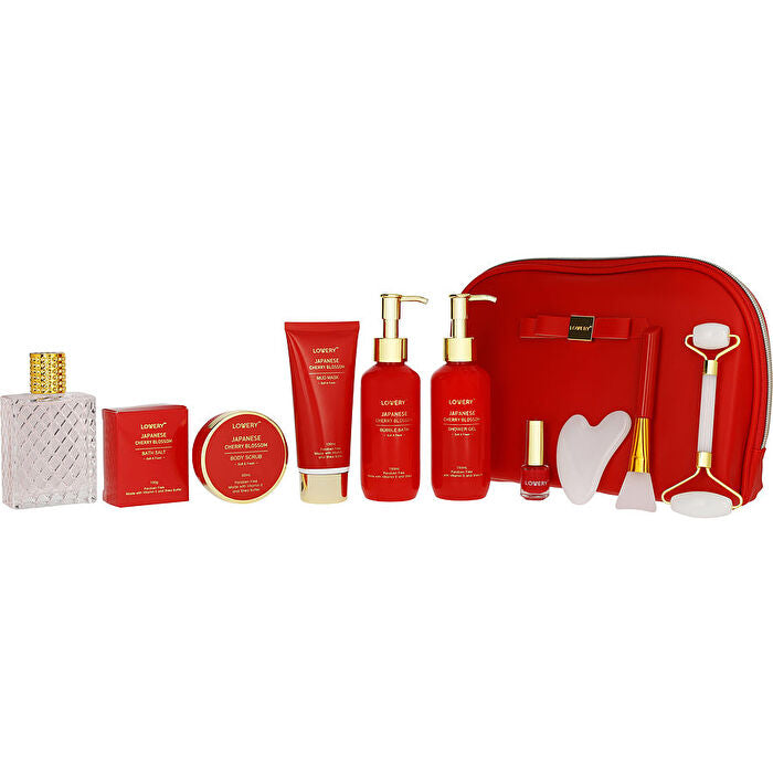 Lovery Japanese Cherry Blossom Eau De Parfum Spray 60ml/2.5oz & Shower Gel 150ml/5oz & Bubble Bath 150ml/5oz & Body Scrub 30ml/1.69oz & Bath Salt 90ml/3.5oz & Mud Mask 90ml/3.38oz & Nail Polish & Face Brush & Face Roller & Gua Sha Stone & Bag